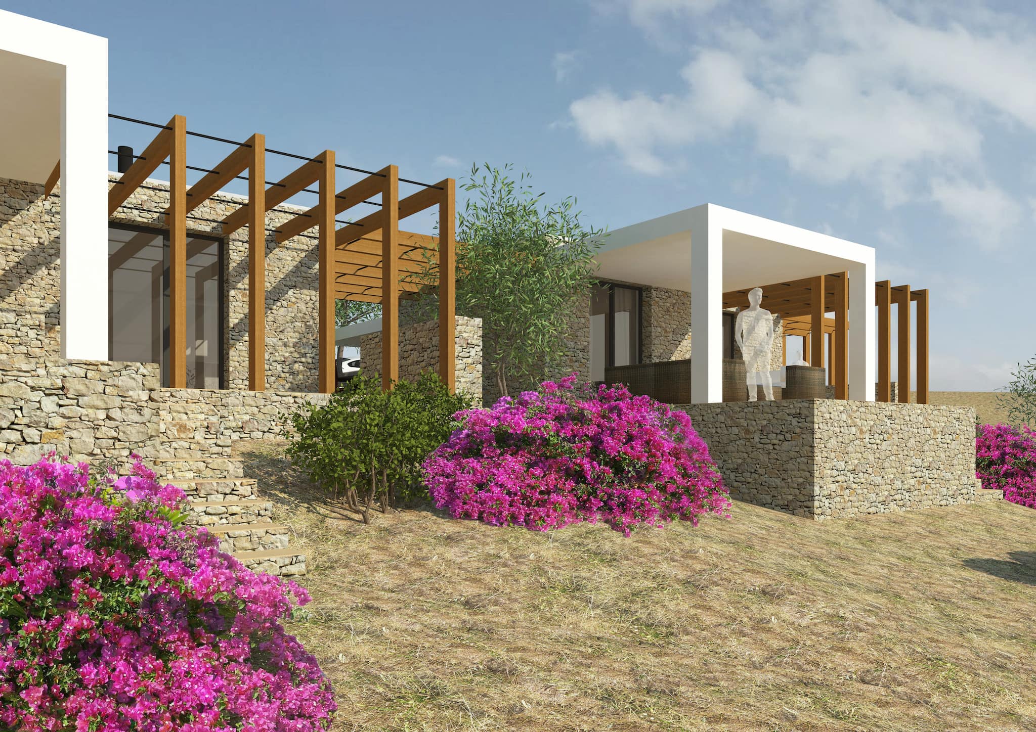 Visualisation of a small villa in Xerokampos, east Crete. The villas will have luxurious wooden pergolas and big terraces with rocky design.