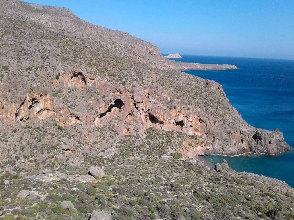 The bay of Agia Irini has besides its' beautiful beach also a potential to be a new climbing area of the east Crete. In the front there are overhanging walls with caves and on the right side is a blue sea.