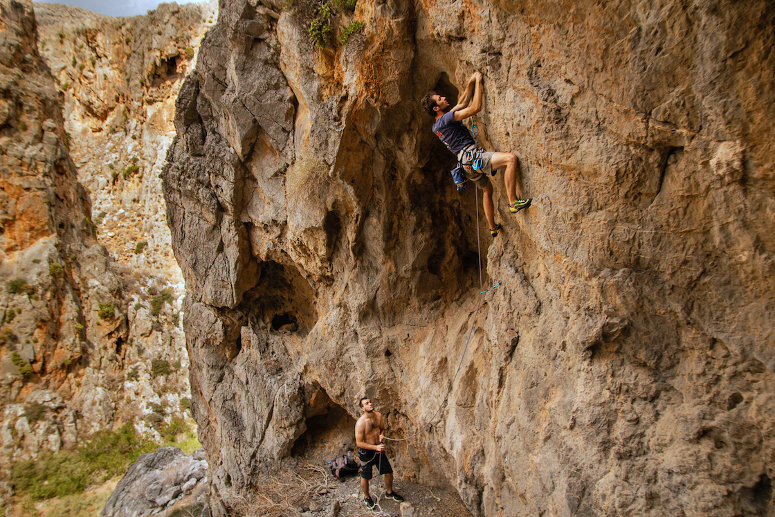 Person climbing in Katsounaki gorge, east Crete